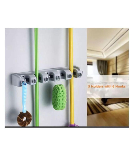 Hi-Lee Mop and Broom Holder | Wall Hanging, 5 Slots with 6 Inbuilt Hanging Hooks/Magic Holder Broom and Mop Organizer