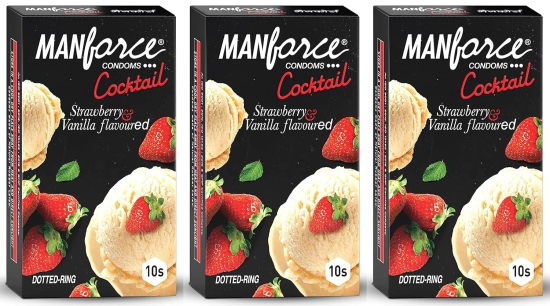 MANFORCE Cocktail Condoms with Dotted-Rings Strawberry & Vanilla Flavoured- 10 Pieces x Pack of 3 Condom (Set of 3 30 Sheets)