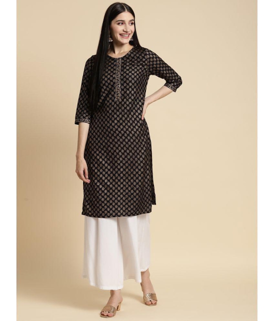 Rangita Women Rayon Black Gold Printed Knee Length Straight Kurti - None