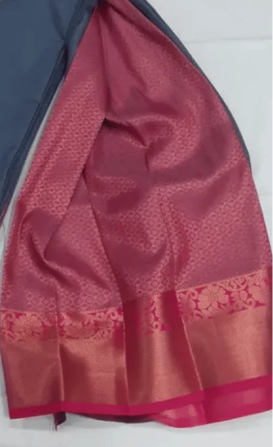 Women Semi Pattu Saree Silk Blend Saree boder butta , grey color saree with pink color pallu and blouse