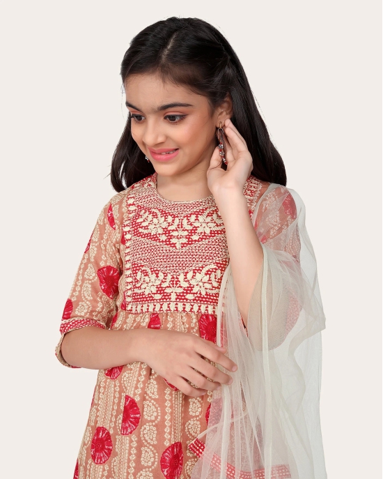 Kids Girls Embrodeary Cotton Printed Fullstiched Nayara Cut Kurtis with Bottom Dupatta set, Kid dresses-Peach / 10 - 11 Years