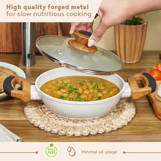 Bergner Naturally Marble Non Stick Kadhai with Glass Lid | Gas & Induction Compatible | Cream 2 Litre