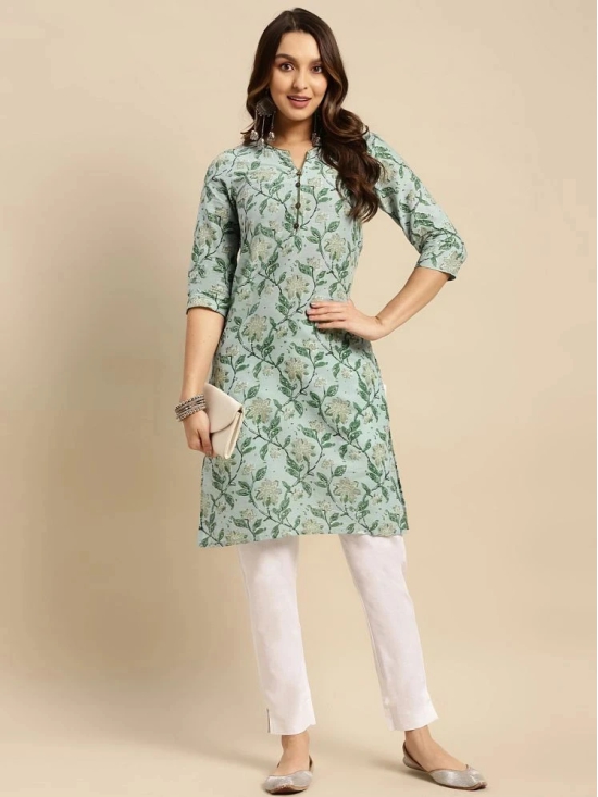 Rangita Women 100% Cotton Mint Green Floral Printed Knee Length Straight Kurti - None