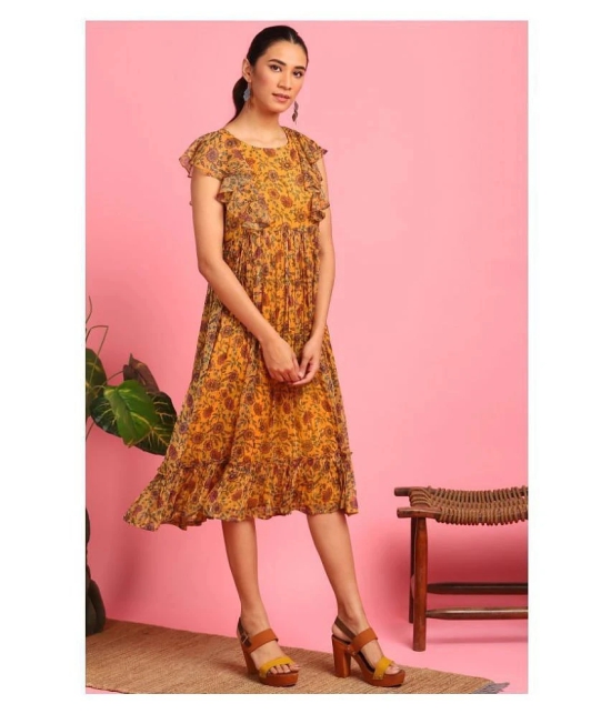 Janasya Poly Georgette Yellow Fit And Flare Dress - - XS