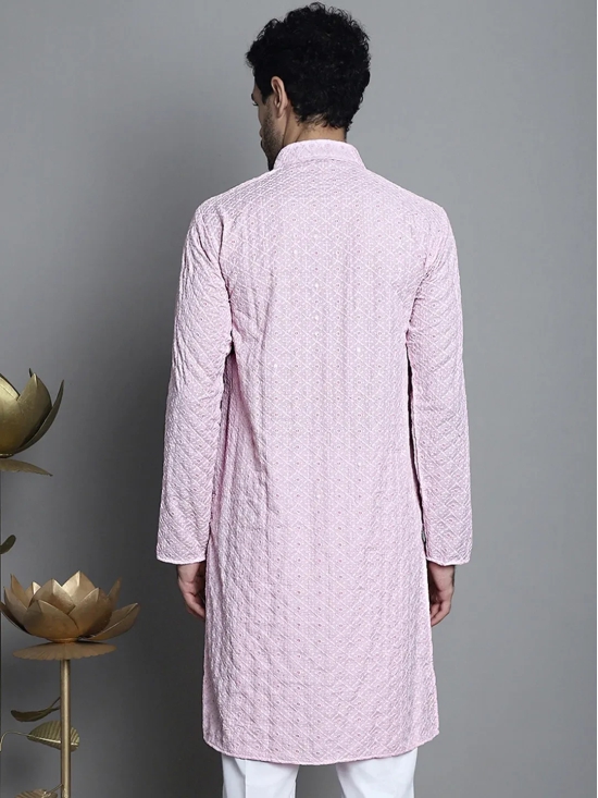 Men's Chikankari Embroidered and Sequence Kurta Only-XXL / Pink