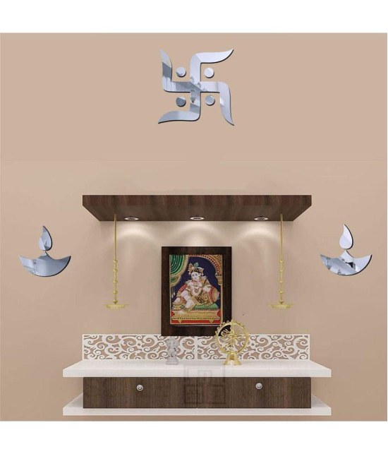 Asmi Collection Beautiful Swastik & 2 Diyas Acrylic Mirror Wall Sticker ( 15 x 15 cms )