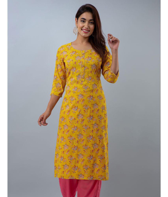 Doriya Rayon Printed 3/4th Sleeves Straight Yellow Kurti Single - None