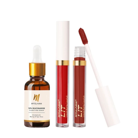 MyGlamm Exclusive Combo of LIT Liquid Matte Lipstick + MyGlamm 10% Niacinamide Clarifying Serum | Transfer Proof Lipstick & Face Serum Enriched With Moringa