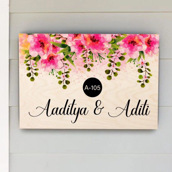 Pink Flower Vine Theme Name Plate-12x8 Inch
