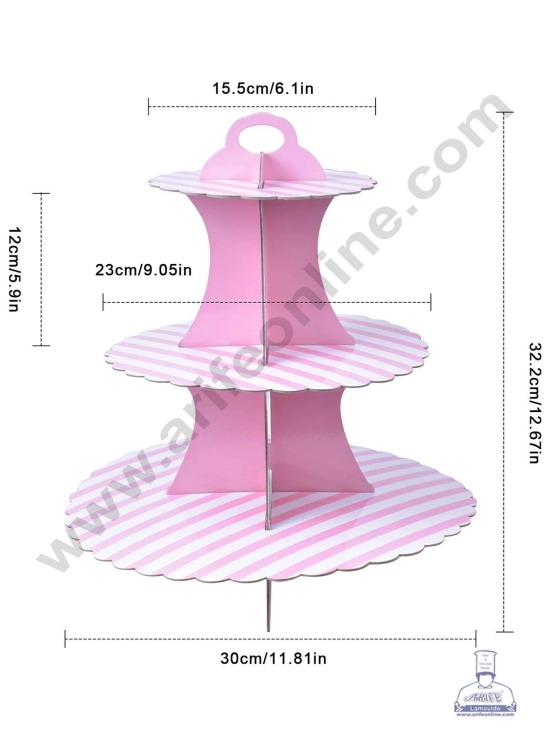 Cake Decor™ 3 Tier Stripe Cardboard Cupcake Stand - (1 Piece)-PINK