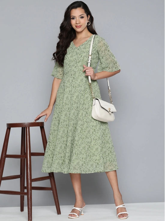 Jompers Floral Georgette A-Line Midi Dress-L / Green