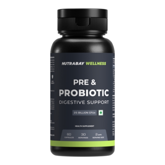 Nutrabay Wellness Pre & Probiotic Digestive Support 25 Billion CFUs, Probiotic Supplement for Men and Women - 60 Veg Capsules