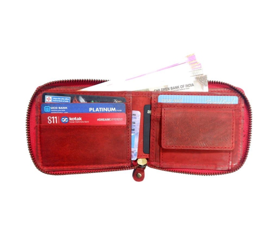 Vital King Men Travel Red Genuine Leather RFID Wallet (7 Card Slots)