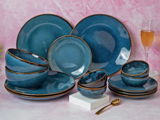 Handcrafted Stoneware Reactive Glaze Ceramic Dinner Set, 14 Pieces Serving for 4, Microwave and Dishwasher Safe, Bone-ash Free, Crockery Set for Dining and Gifting, Greenish Blue