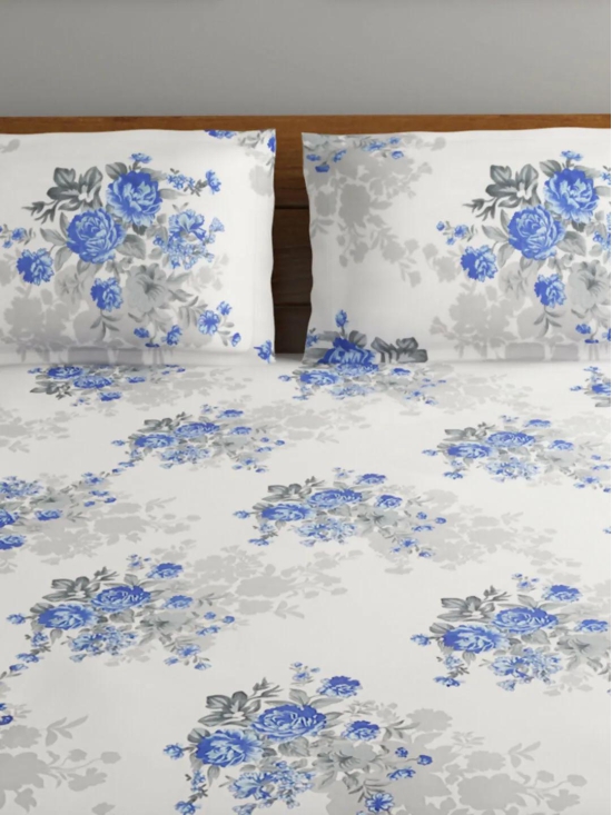 Vista 110 GSM Microfiber Blue Floral Queen Bedsheet with 2 Pillow Covers