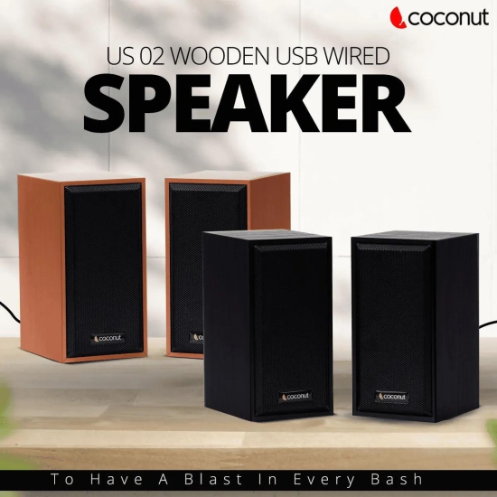 US02 Wooden USB Speakers for Laptop & Computer (Pack Of 2,Multi-Colour)-Wooden USB Speakers / Black