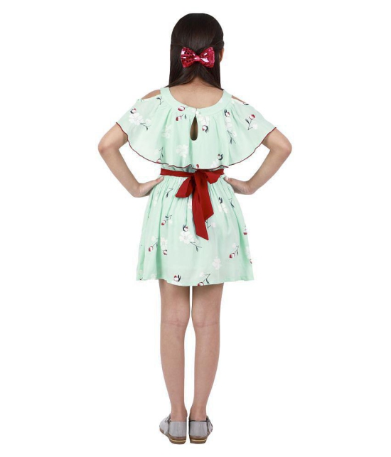 Kids Cave Dress For Girls Fit And Flare Cut-Out Frill Shoulder Round Neck Knee Length Red Waist Belt With Flower Fabric Rayon (Color Light Green Size 3-12 Years) - None