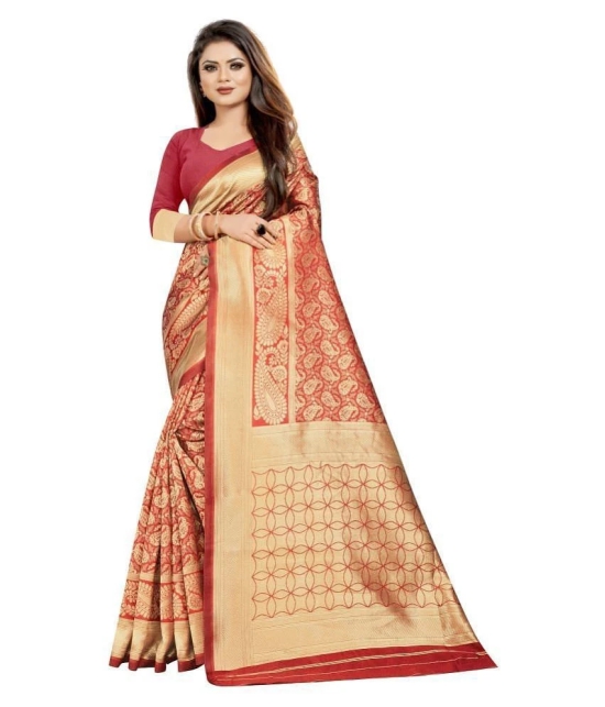 Gazal Fashions - Red Banarasi Silk Saree With Blouse Piece (Pack of 1)