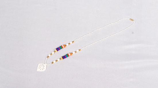 White Bone Carved Leaf Pendant Necklace with Multicolor Wood Beads