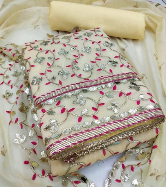 Unstitched Chanderi Salwar Suit Material Embroidered