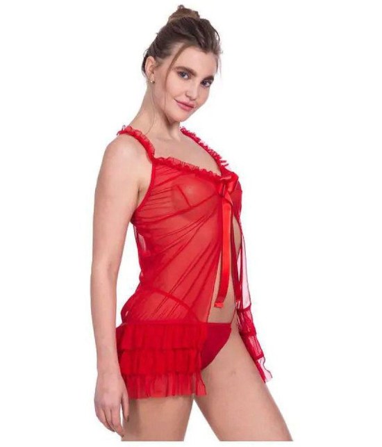 Celosia Net Baby Doll Dresses With Panty - Red Single - Free Size