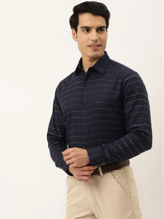 Indian Needle Mens Formal Cotton Horizontal Striped Shirt-S / Navy-Blue