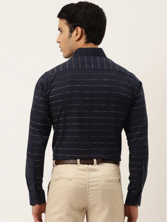 Indian Needle Mens Formal Cotton Horizontal Striped Shirt-S / Navy-Blue