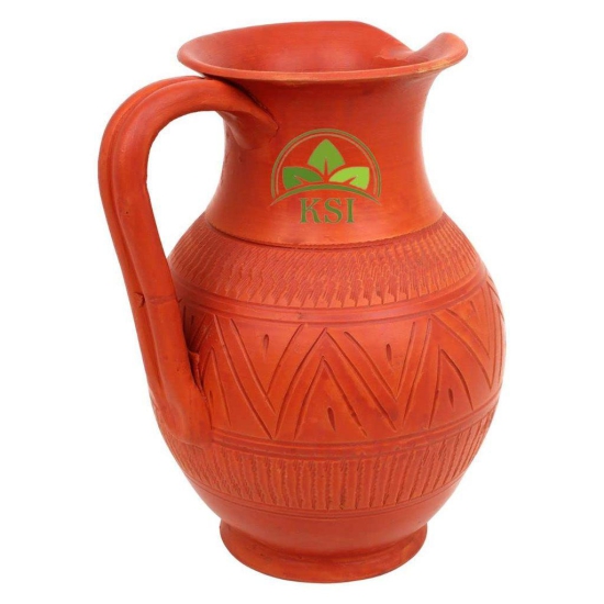 KSI Clay Jug, Terracotta Water Jug, Mud Pot | Pitcher 1.7 Ltr. | Mitti ka jug for Drinking Water with Lid | Natural/Earthen Clay | Handmade Matka/surahi/mitti Ghada with Beautiful Design - 1.7 liters