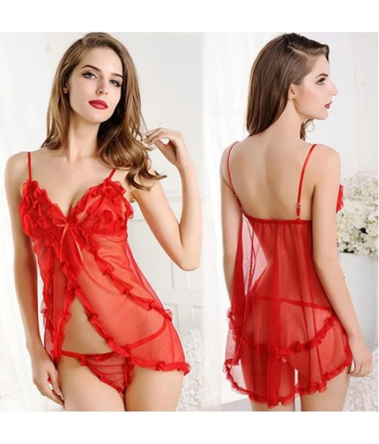 Celosia Net Baby Doll Dresses With Panty - Red Single - Free Size