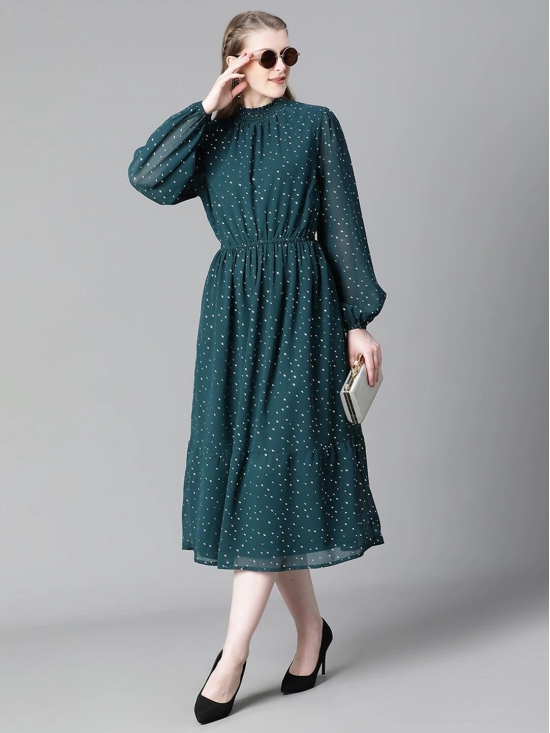 Oxolloxo Polka Dots Printed High Neck Puff Sleeve Smocked Georgette Fit & Flare Dress