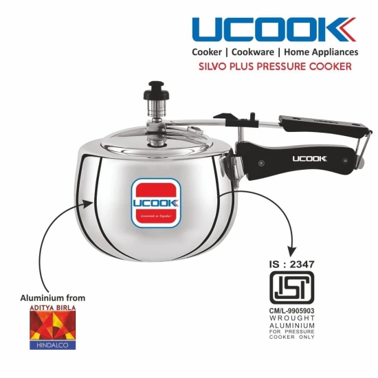 UCOOK By UNITED Ekta Engg. Silvo Plus 3 Litre Induction Base Inner Lid Aluminium Pressure Cooke, Silver