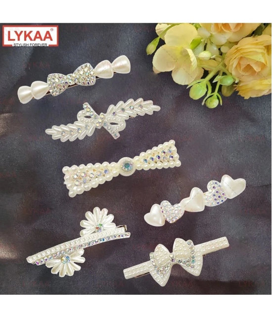 Lykaa Stylish fancy Pearl Hair Clips Rhinestone Crystal Hair Pins For Girls and Women - Pack of 6 - White