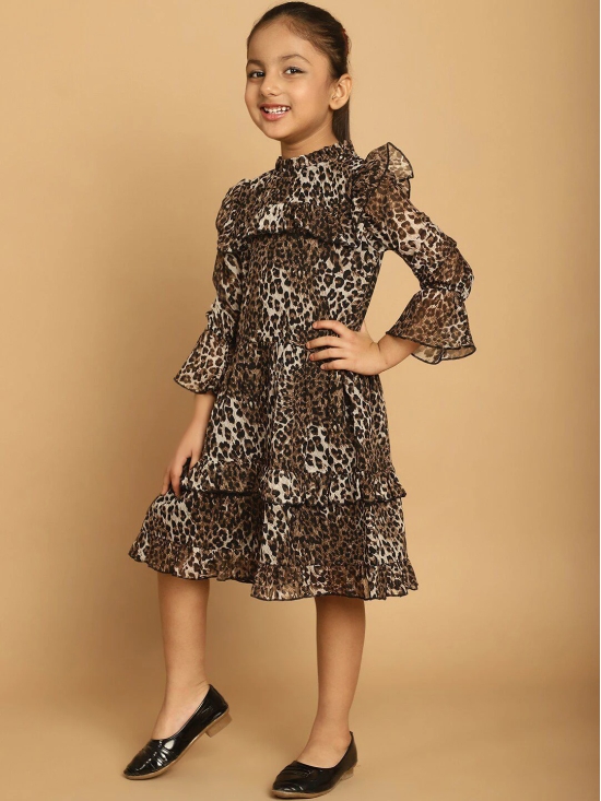 MINI & MING Girls Animal Printed Ruffled Bell Sleeves Georgette Fit & Flare Dress