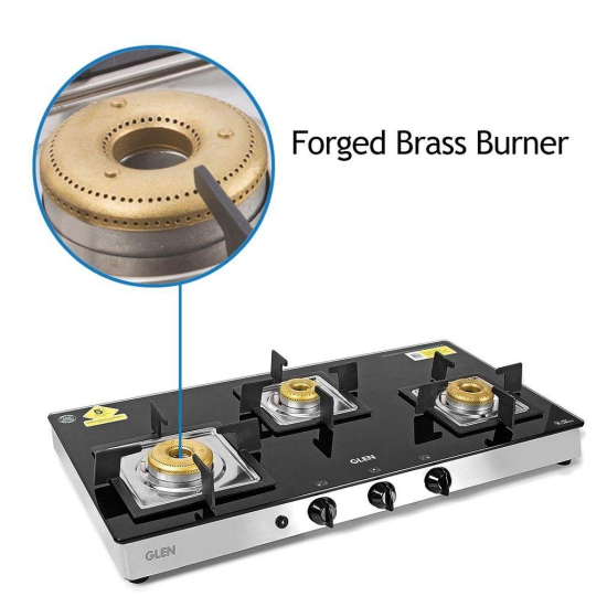 Glen 3 Burner LPG Glass Gas Stove High Flame Forged Brass Burner, Auto Ignition, Extra Wide Black (1038 SQ GT FBB AI)