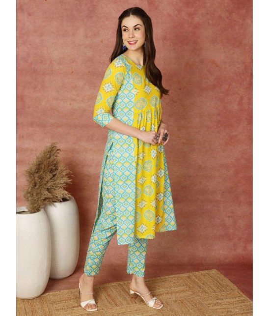 Antaran Cotton Printed Kurti With Pants Womens Stitched Salwar Suit - Yellow ( Pack of 1 ) - None