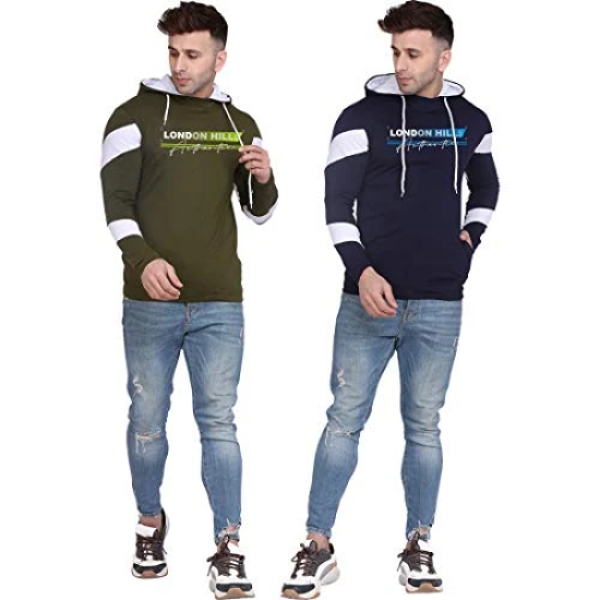 London Hills Mens Regular Fit Printed Full Sleeve Cotton Blend Hooded T-Shirt (Pack of 2)