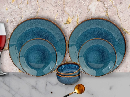 Handcrafted Stoneware Reactive Glaze Ceramic Dinner Set, 6 Pieces Serving for 2, Microwave and Dishwasher Safe, Bone-ash Free, Crockery Set for Dining and Gifting, Greenish Blue