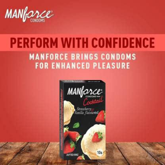MANFORCE Cocktail Condoms with Dotted-Rings Strawberry & Vanilla Flavoured- 10 Pieces & Extra Dotted Litchi Flavoured Condoms - 10 Pieces Condom (Set of 2 20 Sheets)