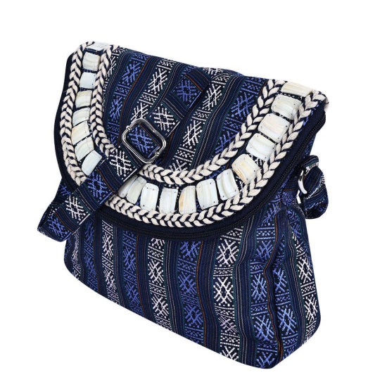 Cotton Sling Bag In Blues With Handwork