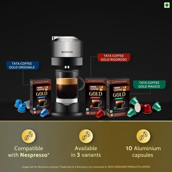 Tata Coffee Gold Coffee Capsules, Intensity- 8 | Tasting notes: Dark Chocolaty & Fruity | Nespresso Compatible Coffee Pods, 10 Aluminium Capsules, 55 g