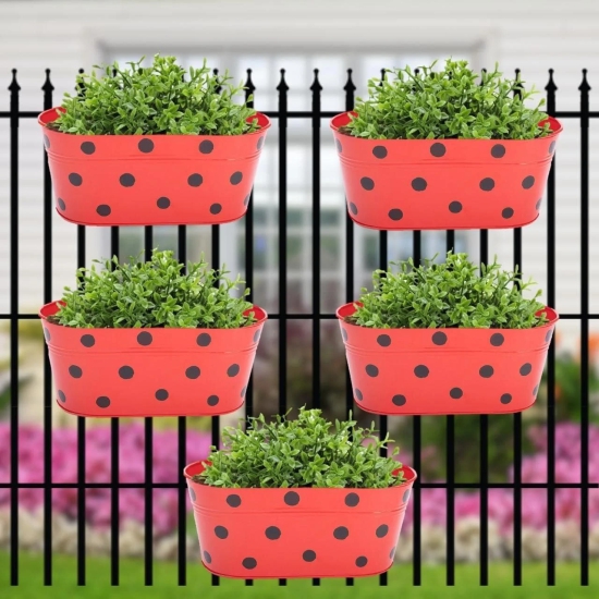 ecofynd Oval Polka Dot Balcony Railing Planter with Detachable Handle | Color - Terra, Pack of 5