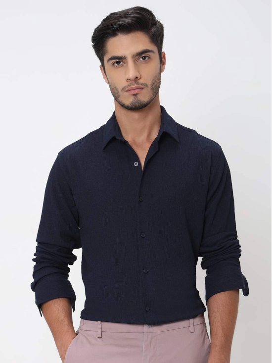 Navy Textured Plain Slim Fit Casual Shirt