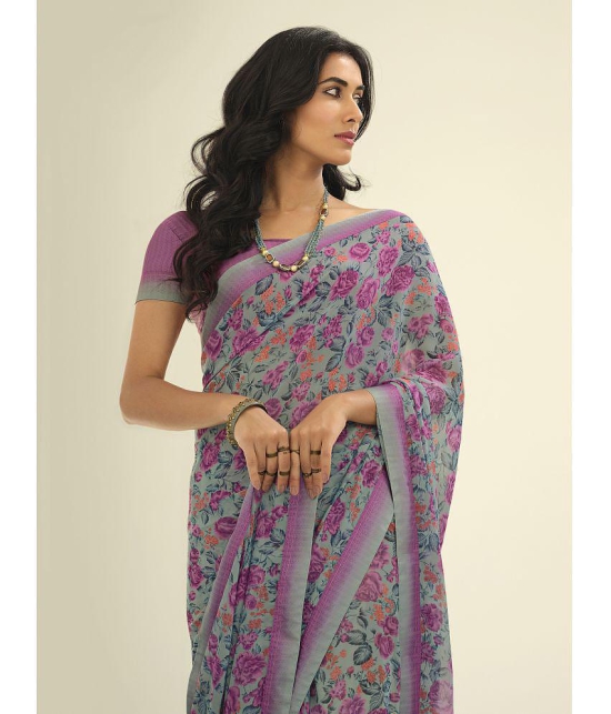 Rangita Georgette Floral Printed Saree With Lace Border & Blouse Piece -Grey - Grey