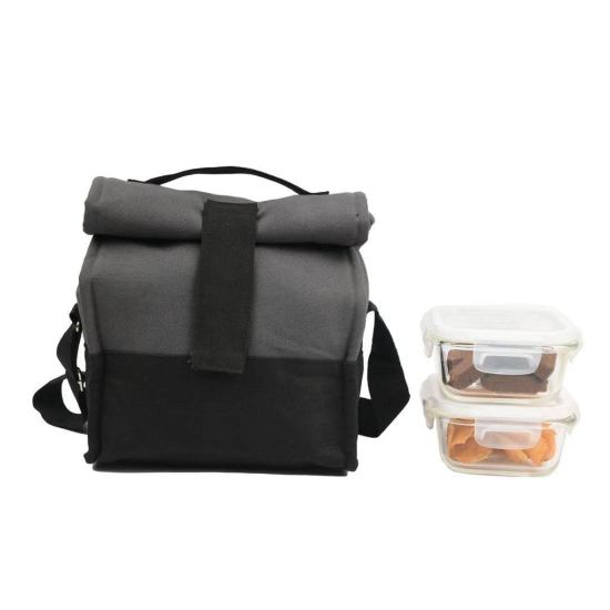 Femora Borosilicate Glass Square Container Grey Black Canvas Lunch Box- 300ml, Set of 2