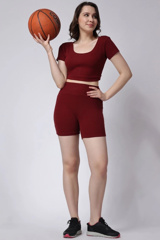 Womens Maroon Gym Co-Ord Set Ribbed Half Sleeves with Shorts-S / Maroon