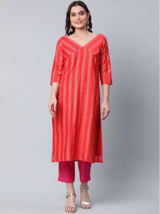 Women Red Striped Kurta with Trousers