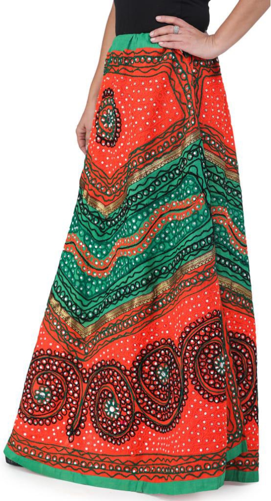 Orange And Green Long Ghagra Skirt from Jaipur with Aari Embroidery and Sequins