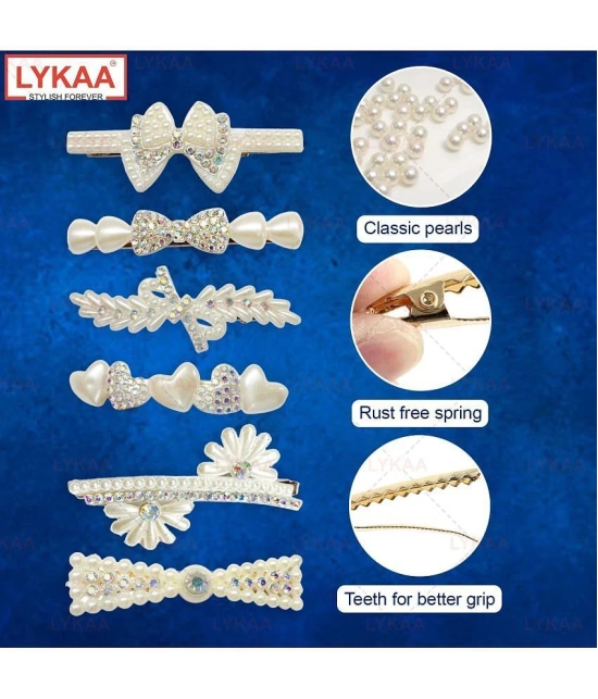 Lykaa Stylish fancy Pearl Hair Clips Rhinestone Crystal Hair Pins For Girls and Women - Pack of 6 - White