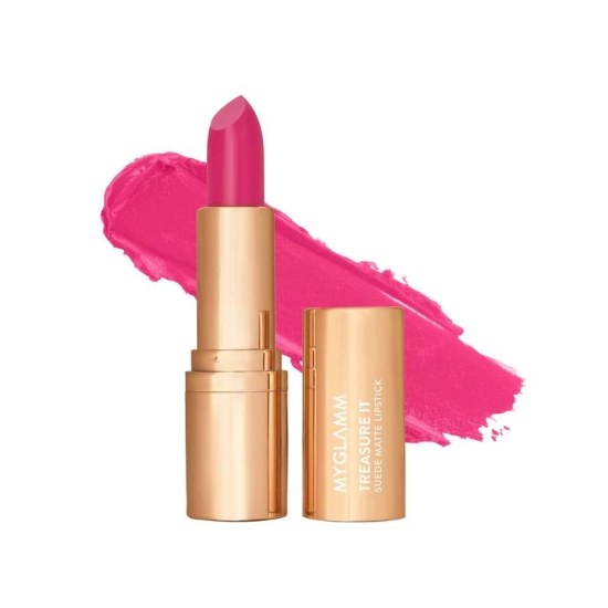 Treasure IT Suede Matte Lipstick - First Crush (Fuchsia Pink Shade) | Long Lasting, Non Drying Bullet Lipstick With Vitamin E, Cocoa Butter (4.2g)