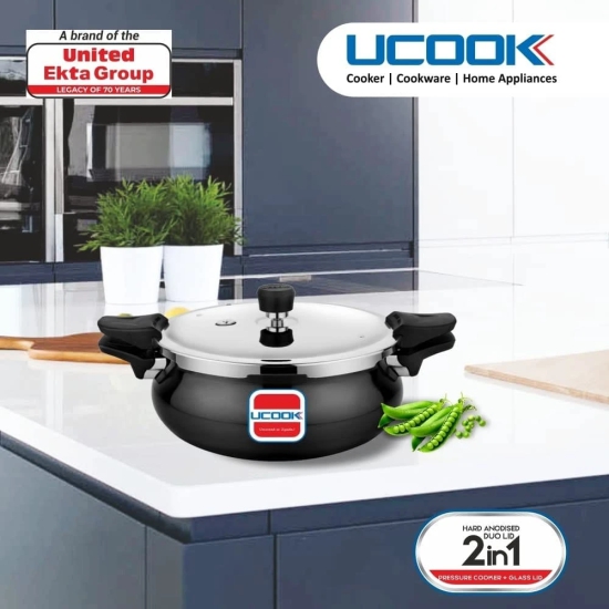 UCOOK By UNITED Ekta Engg. Hard Anodised Duo Lid 2 in 1 Induction Base 3 Litre Handi Shape Multipurpose All in one Outer Lid Pressure Cooker, Black